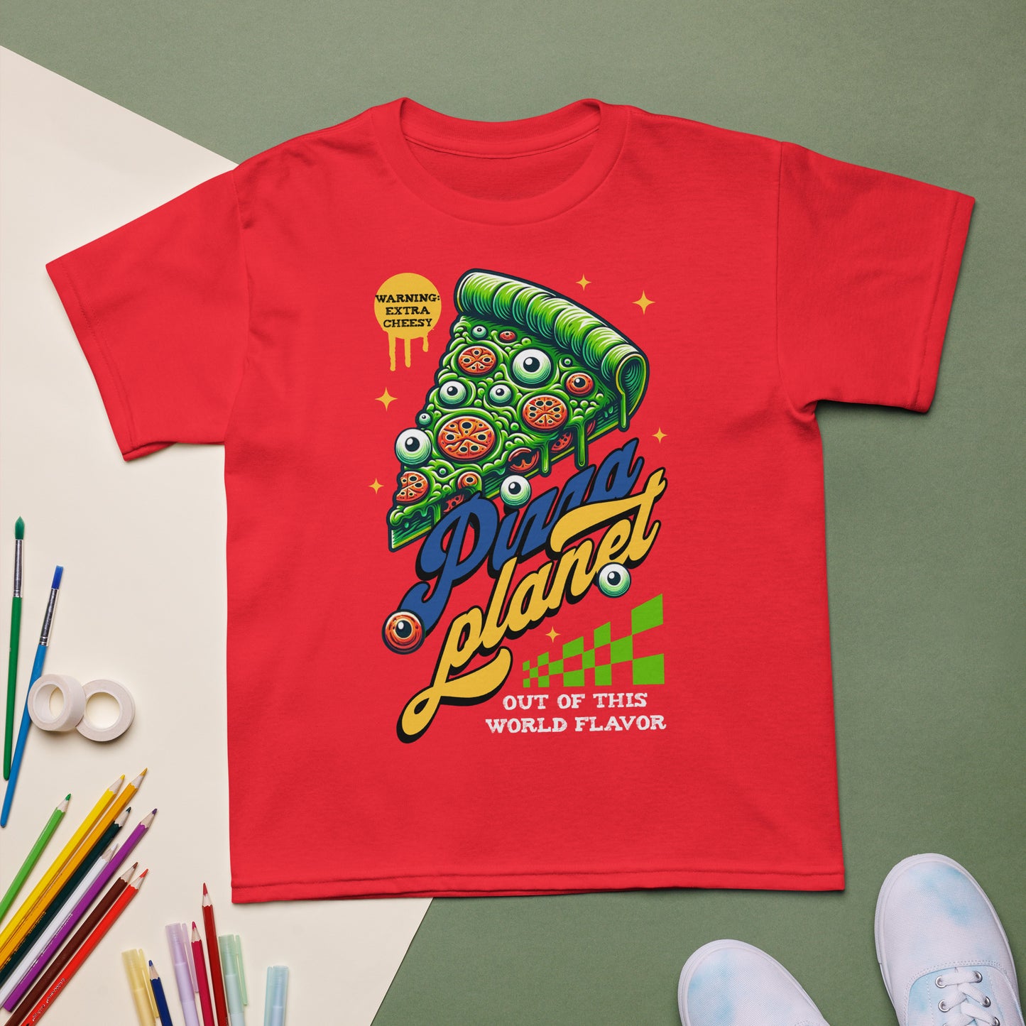Youth t-shirt with “Pizza Planet” colorful cosmic pizza design, moisture-wicking cotton-poly tee by LostLogicCo Canada