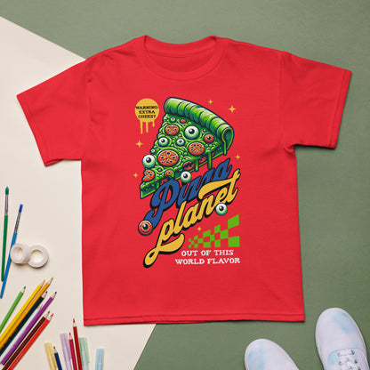 Youth t-shirt with “Pizza Planet” colorful cosmic pizza design, moisture-wicking cotton-poly tee by LostLogicCo Canada