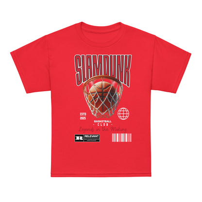 Youth t-shirt with “Slam Dunk Legends in the Making” basketball design, moisture-wicking fabric sports tee by LostLogicCo Canada