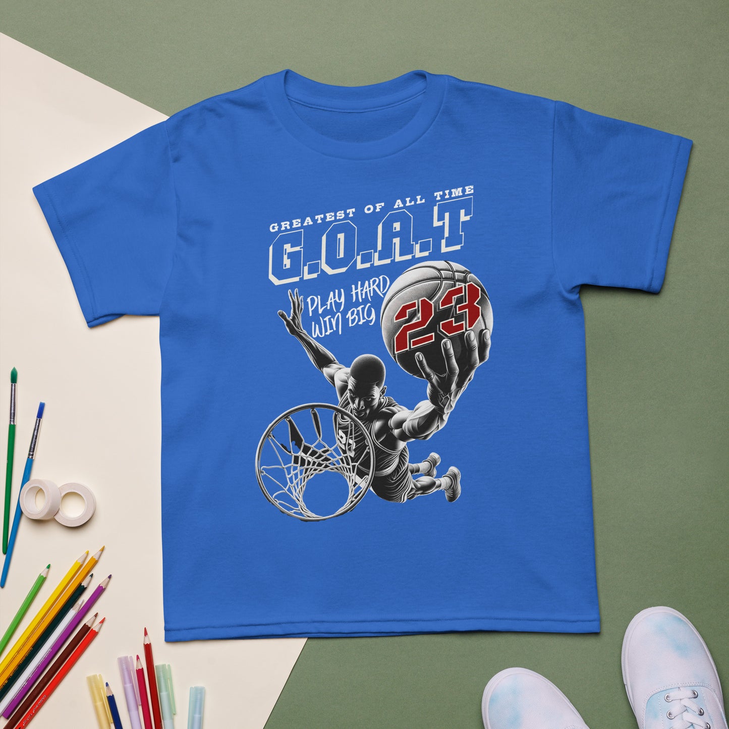 Youth basketball t-shirt with “G.O.A.T Slam Dunk 23” design, cotton-poly short sleeve kids tee by LostLogicCo Canada