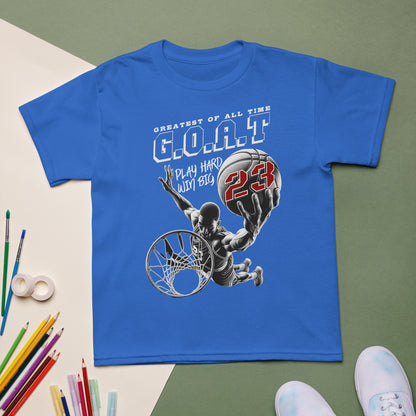 Youth basketball t-shirt with “G.O.A.T Slam Dunk 23” design, cotton-poly short sleeve kids tee by LostLogicCo Canada