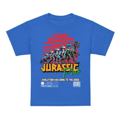 Kids dinosaur t-shirt with “Jurassic Pack” and “Evolution Has Gone to the Dogs” design, moisture-wicking cotton-poly tee by LostLogicCo Canada