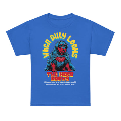 Youth superhero t-shirt with “When Duty Looms The Hero Booms” dog design, moisture-wicking cotton-poly tee by LostLogicCo Canada