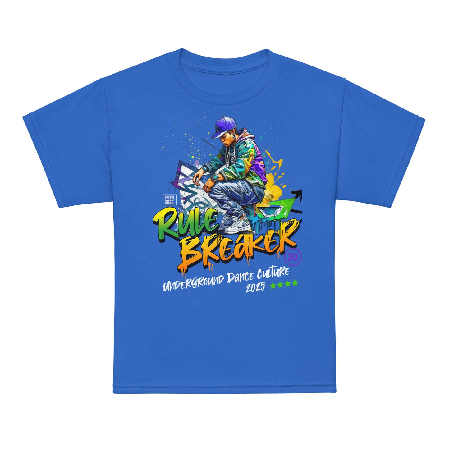 Youth t-shirt with “Rule Breaker” graffiti street dancer design, moisture-wicking cotton-poly tee by LostLogicCo Canada