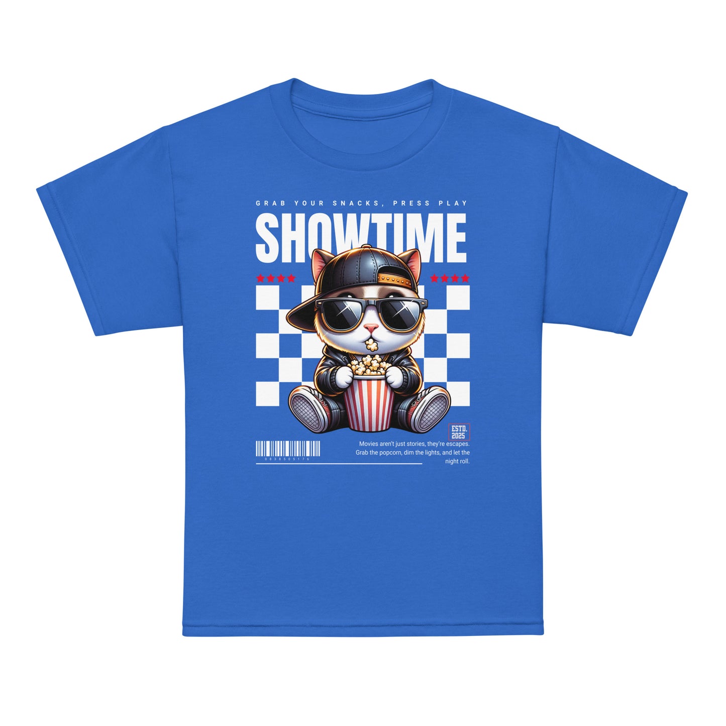 Youth t-shirt with “Showtime” cool cat popcorn movie design, moisture-wicking cotton-poly tee by LostLogicCo Canada