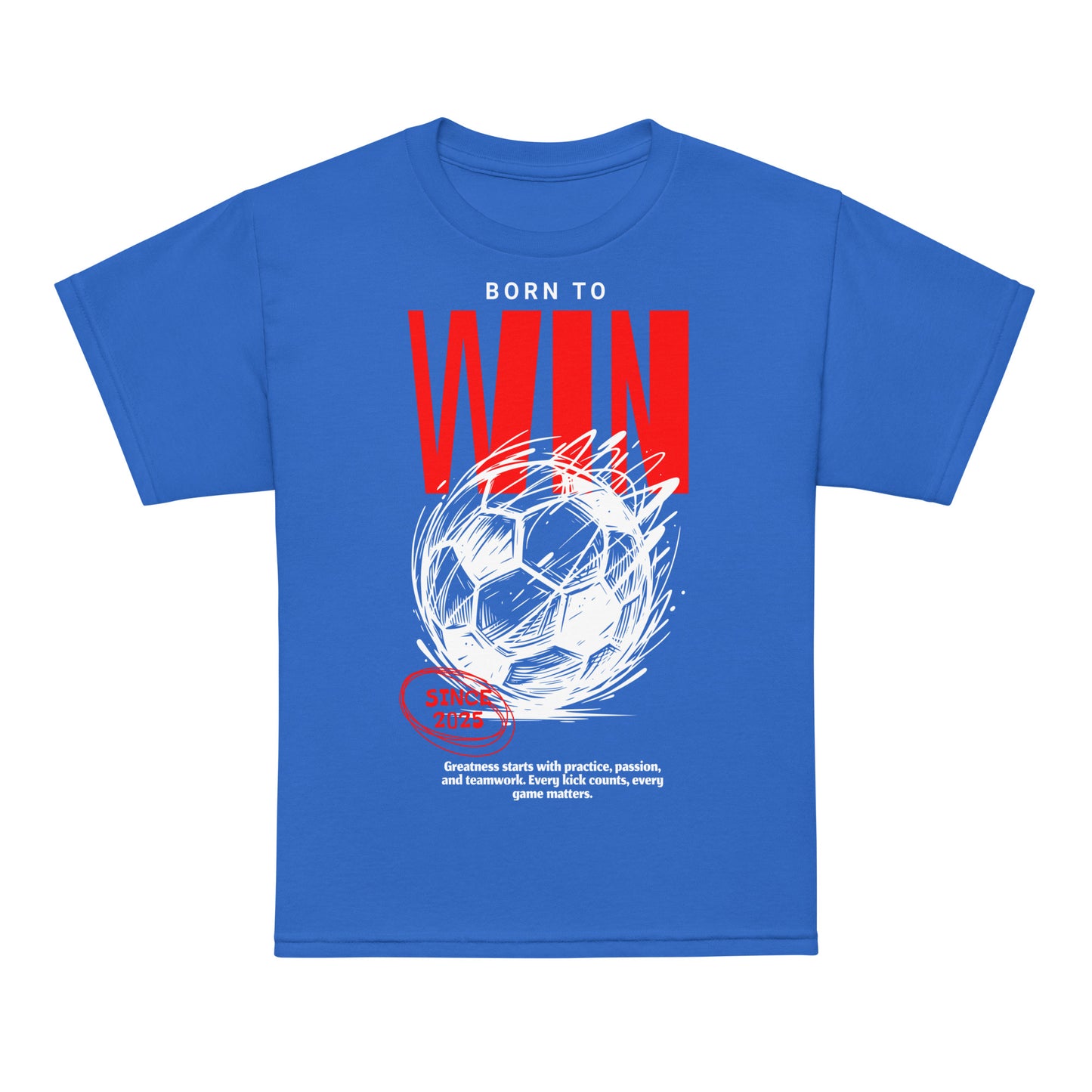 Youth t-shirt with “Born to Win” bold soccer design, moisture-wicking cotton-poly tee by LostLogicCo Canada