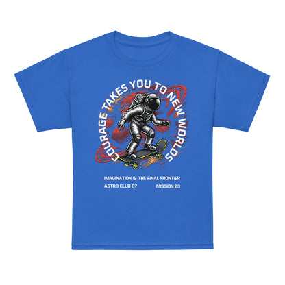 Youth t-shirt with astronaut skateboarding through space, “Courage Takes You to New Worlds” design by LostLogicCo Canada