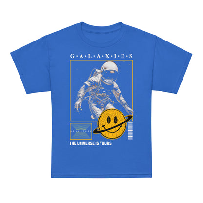 Youth t-shirt with astronaut and smiley planet design, “The Universe Is Yours” space-themed graphic tee by LostLogicCo Canada